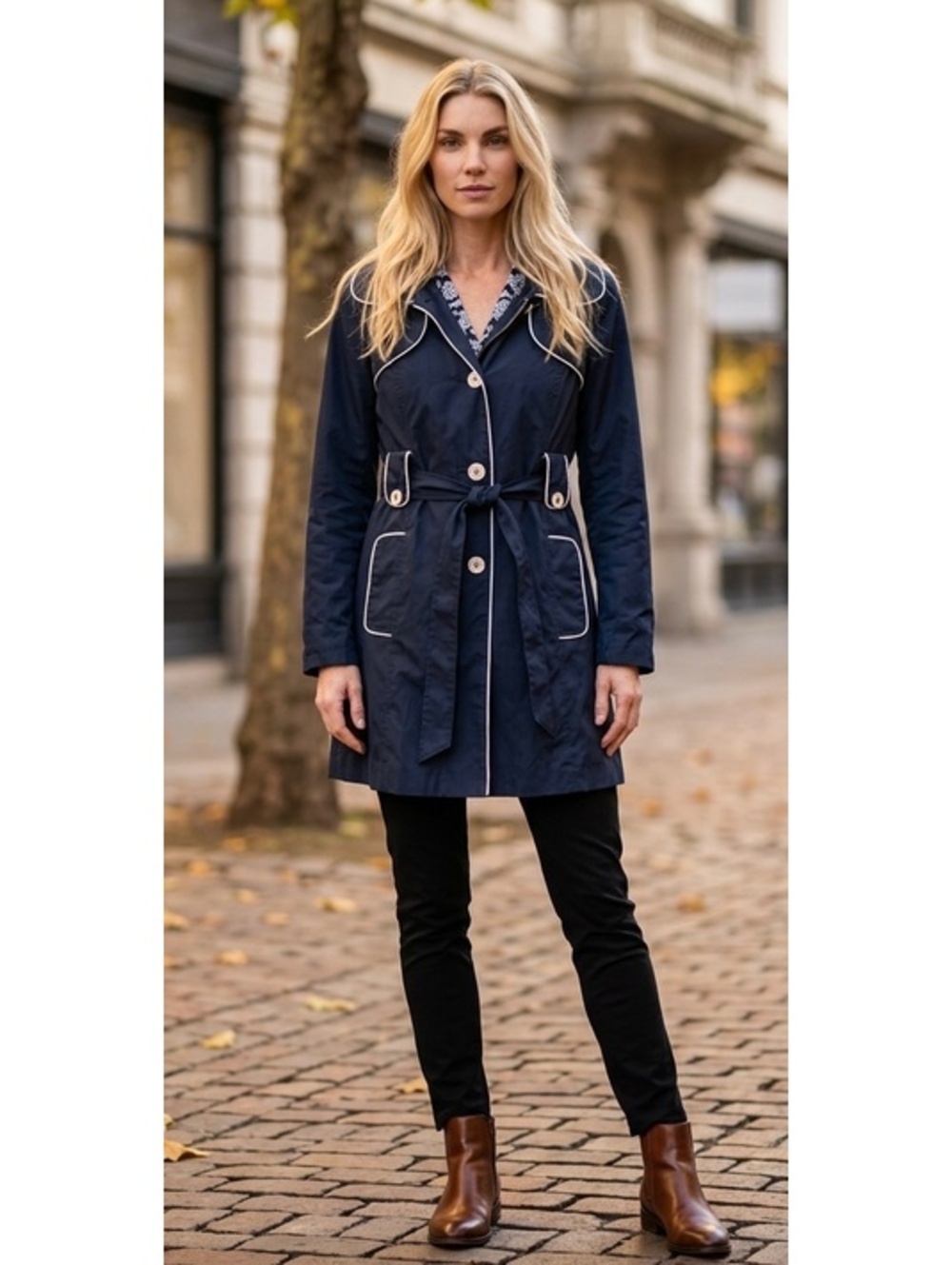 Jessica Simpson Navy Blue Trench Coat with Belt Cotton/Polyester Blend Size M